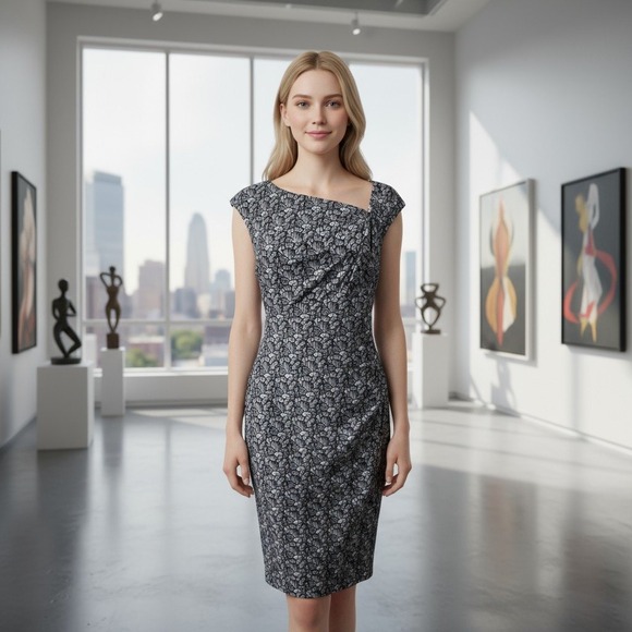 Dressbarn Petite Sz 10 Black White Floral Sheath Dress Career Party Minimal Chic - Picture 1 of 10